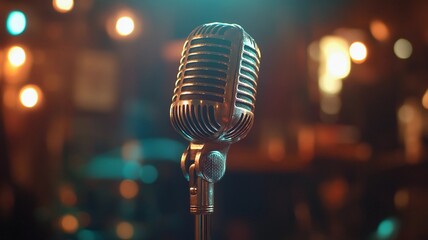 Close-up of an antique microphone on a stage, symbolizing old-school podcasting or broadcasting with a retro feel.
