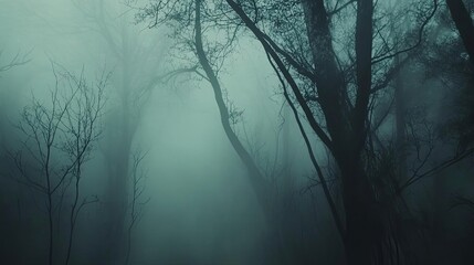 Obraz premium A mysterious fog envelops the dark forest, creating an enchanting and eerie atmosphere in the heart of nature.