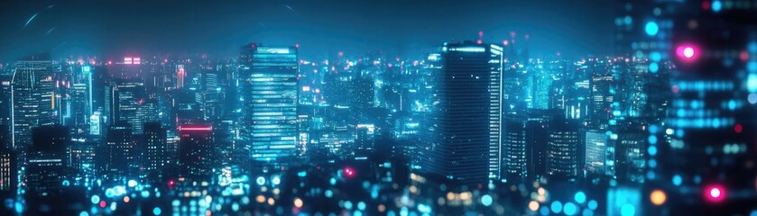 Obraz premium A vibrant city skyline at night, illuminated by colorful lights and modern architecture, showcasing urban energy and life.