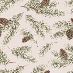 Coniferous fir branches with brown cones. Seamless pattern with watercolor branches on beige background. Christmas pattern for New Year wrapping paper, textile, cards, digital or print design. © ValentinaSova