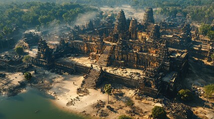 Fototapeta premium Aerial view of ancient temple ruins by the river