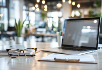Office Workspace with Laptop, Glasses and Clipboard