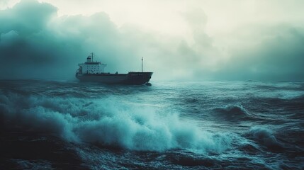 Fototapeta premium A dramatic scene of a ship battling turbulent waves under stormy skies, capturing the raw power of nature at sea.