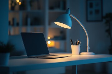 Laptop and Lamp on Desk in a Dark Room