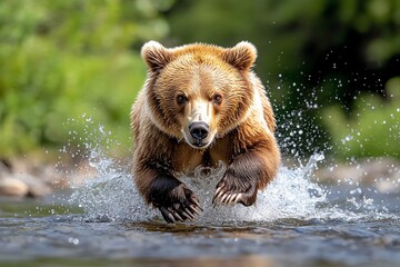 Fototapeta premium A grizzly bear catching fish in a rushing river, with the energy and movement of the water creating a dynamic, action-filled scene