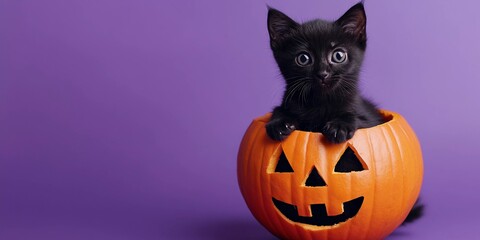 Black cat peeking out of halloween pumpkin on purple background with copy space, perfect for halloween party concepts