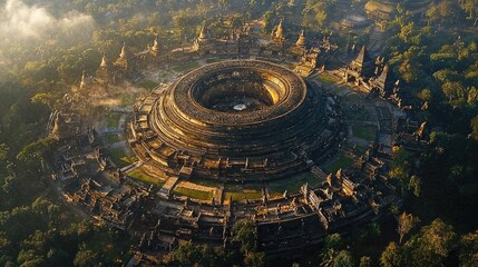 Fototapeta premium Aerial view of ancient temple structure surrounded by lush greenery