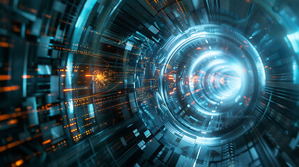 Fototapeta premium Futuristic particle accelerator with highresolution displays of atomic particles
