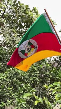 Flag of the State of Rio Grande do Sul waving in the wind. Gaucho Flag. Week in the South of Brazil, Farroupilha dos Ga&uacute;chos.