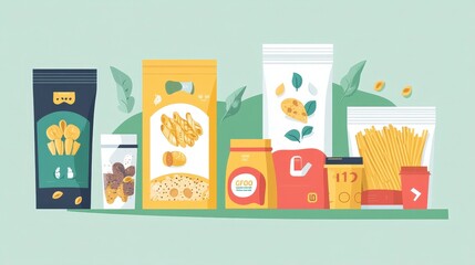 Modern Flat Design Illustration of Creative Food Packaging for Cereal Boxes, Pasta, and Coffee Bags