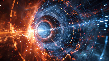 Futuristic particle collider showing the interaction of Higgs bosons and atomic particles