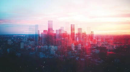 Fototapeta premium Stunning city skyline at sunset, featuring vibrant colors and dynamic lighting effects, perfect for modern design projects.