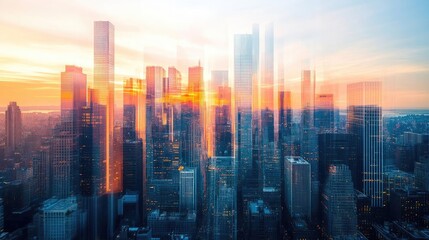 Fototapeta premium A vibrant city skyline at sunset, featuring blurred skyscrapers illuminated by warm light, capturing the essence of urban life.