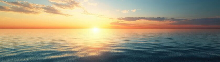 Obraz premium A tranquil sunset over a calm ocean, with warm colors reflecting on the water, creating a serene and peaceful atmosphere.