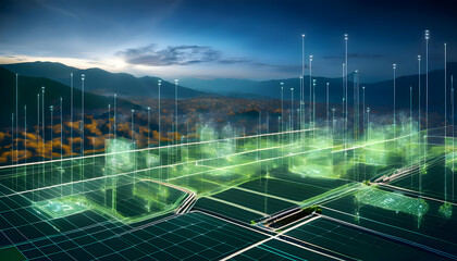 an abstract representation of a smart grid with real-time monitoring, showcasing the concept of reducing green energy consumption losses. The image should convey the idea of intelligent energy solutio
