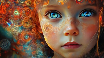 A captivating close-up of a child's face with mesmerizing eyes and vibrant colors that evoke a sense of wonder and imagination.