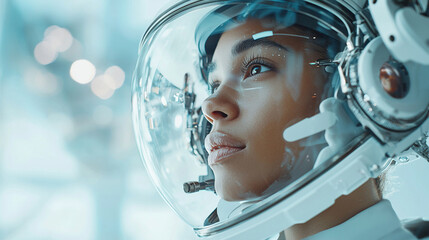 A woman in a space suit with a helmet on her head
