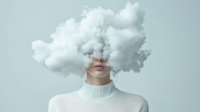 A woman with a cloud on her head