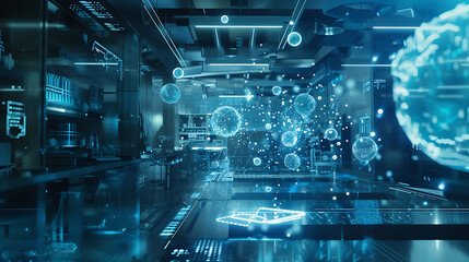 Futuristic representation of particles interacting in a hightech research lab