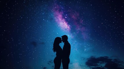 Fototapeta premium A romantic silhouette of a couple against a stunning night sky filled with stars and a vibrant galaxy, symbolizing love and connection.