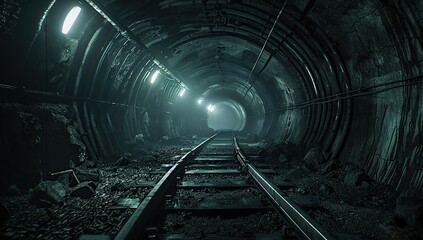 A long dark underground tunnel with train tracks, cinematic