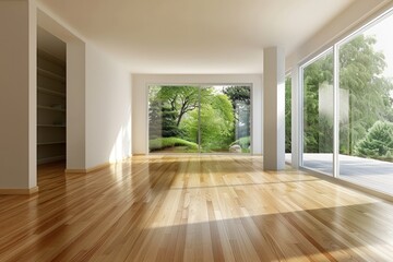 Fototapeta premium Empty Room with Large Windows Showing a Lush Garden
