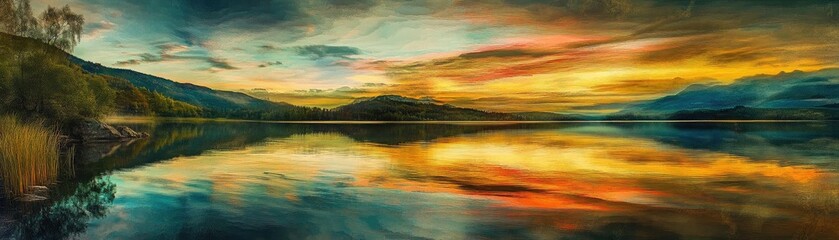 Fototapeta premium Serene landscape at sunset over a tranquil lake, reflecting vibrant colors of nature on calm water, ideal for relaxation themes.