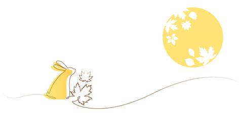 Mid autumn festival illustration. Rabbit and Full moon decoration background with maple leaves. Vector illustration.