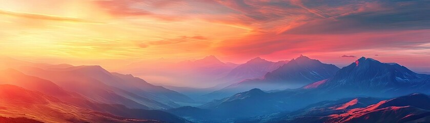 Obraz premium A breathtaking sunset over mountains, showcasing vibrant colors and serene landscapes, perfect for nature enthusiasts and photographers.