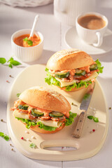 Delicious and healthy sandwich with gyros chicken and cheese.