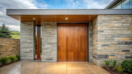 Modern house featuring a large wooden pivot door and stone wall , modern, house, wooden, pivot door