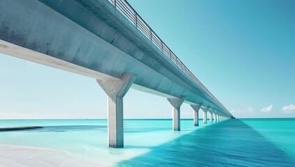 Fototapeta premium A long concrete bridge over the ocean, blue sky, minimalistic architecture