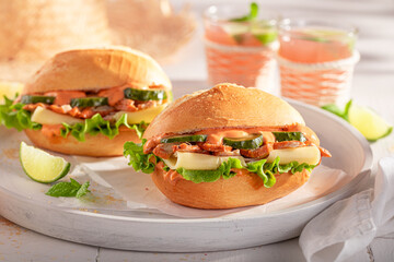 Homemade and tasty sandwich made of chicken, cheese and cucumber.