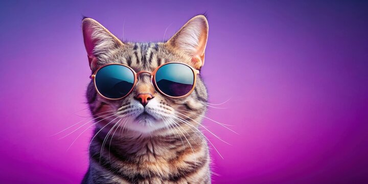 Cool kitty cat wearing sunglasses isolated on violet gradient background for summer vacation vibes, cool, kitty, cat