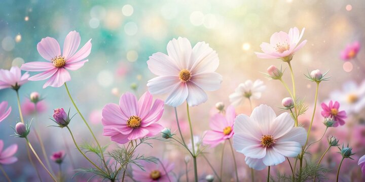 Ethereal arrangement of delicate cosmos flowers in soft pastel shades for a dreamy atmosphere , cosmos, flowers, delicate