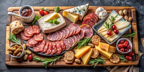 Fototapeta premium Cheese board with a variety of meats on a serving tray, charcuterie, appetizer, gourmet, food platter, salami
