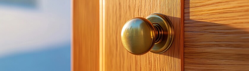 Fototapeta premium Elegant Polished Brass Doorknob on Wooden Door showcasing Classic Home Design Aesthetics