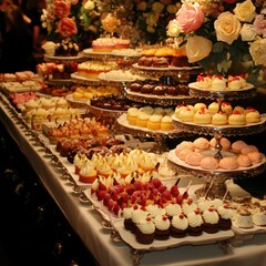 Fototapeta premium Indulgent Dessert Buffet Spread with Cakes, Pastries, and Sweets Galore