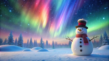 Obraz premium Snowman standing in front of a colorful Aurora Borealis background, snowman, winter, aurora, northern lights, sky, magical