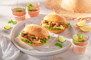 Homemade and tasty sandwich made of vegetables and gyros chicken.