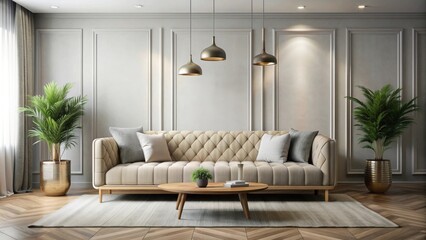 Fototapeta premium Modern interior with a stylish sofa , interior design, contemporary, furniture, living room, comfort, luxury