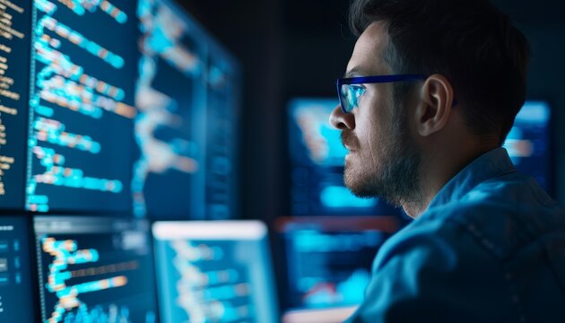 Programmer working late at night on his computer