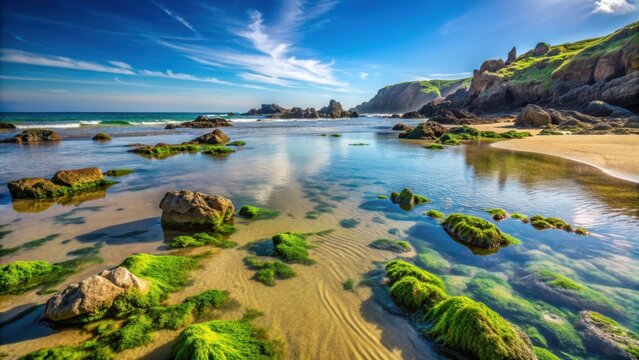 Low tide at Morouzos Beach, showcasing exposed rocks, seaweed, and calm waters, low tide, Morouzos Beach, Ortigueira, A Coru?a