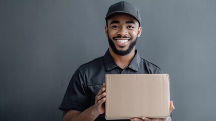 Smiling courier holding parcel box for delivery