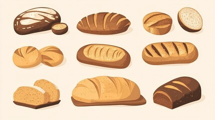 Rustic Homemade Bread Collection - Flat Design Illustration of Freshly Baked Loaves, Baguettes, and Rolls with Warmth and Texture
