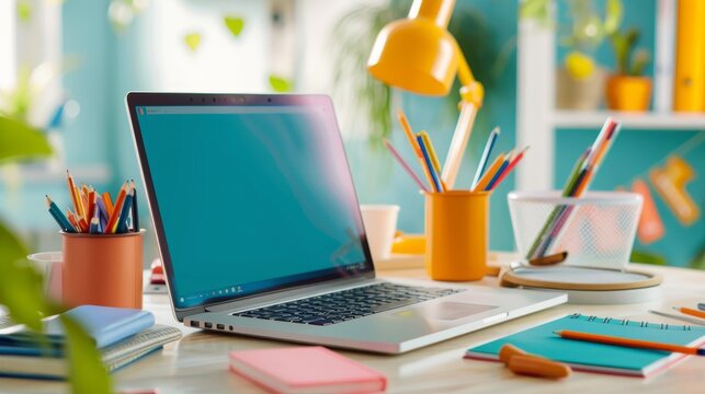Laptop and school supplies on a desk