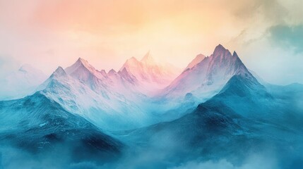 A breathtaking mountainous landscape at sunrise, featuring vibrant colors and soft mist creating a serene atmosphere.