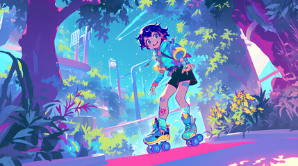 a boy playing roller skating in the park, anime style, cute kawaii, simple, smiling happy, neon psychedelic background