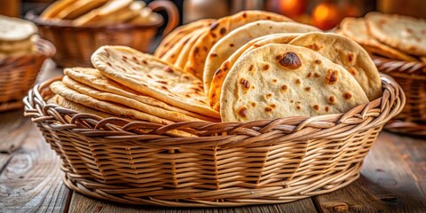 Obraz premium Fresh hot unleavened flatbreads in a woven basket at a bakery , bakery, bread, flatbread, unleavened, fresh, hot