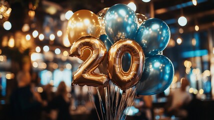 An elegant 20th birthday celebration featuring a bunch of sparkling balloons with bokeh lights in the background, creating a festive and luxurious atmosphere.